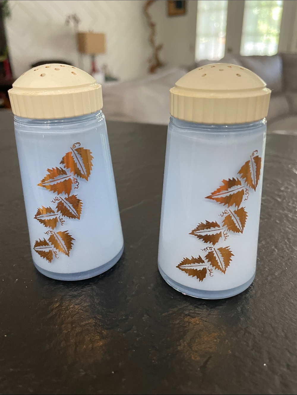 Bartlett Collins Vintage Blue Glass Salt and Pepper Shakers W/ Gold Leaf Design
